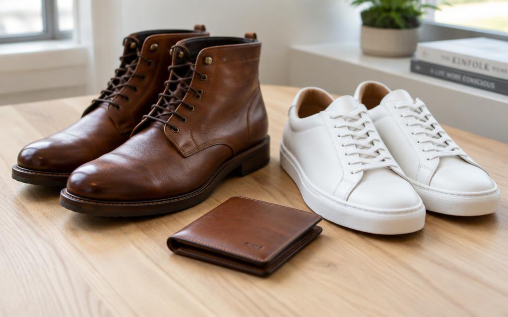 Ahşap zeminde deri bot, sneaker ve deri cüzdan